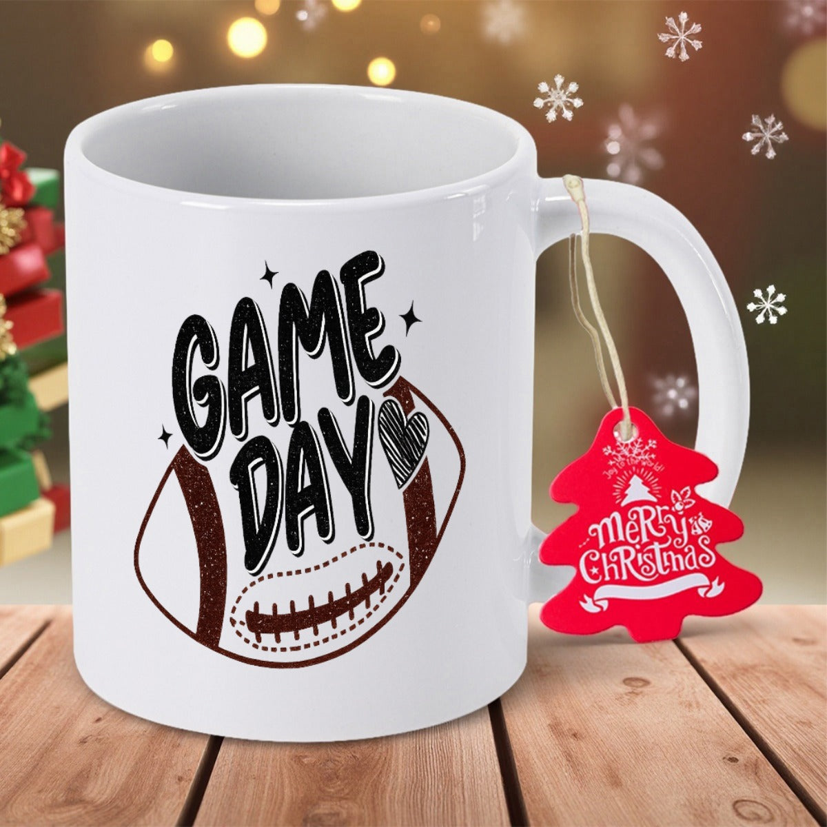 Tailorly White Ceramic 11 oz Mug - Game Day Stylized Sports Graphic With Small Stars And Heart Football