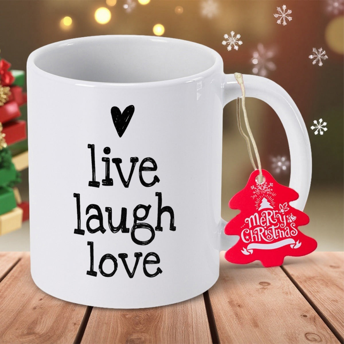 Tailorly White Ceramic 11 oz Mug - Live Laugh Love Simple Black Heart Above Motivational Words On A