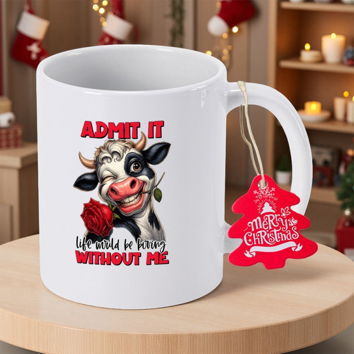 Tailorly White Ceramic 11 oz Mug - Admit It Life Would Be Boring Without Me Playful Winking Cartoon Cow Holding Red Rose With Cheerful Smile Cow