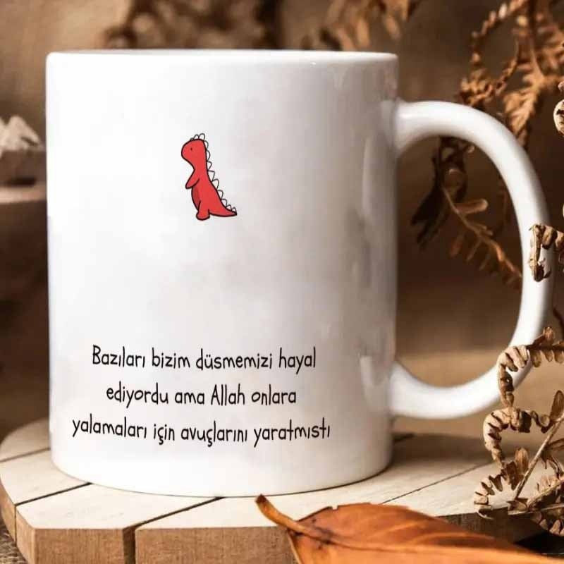 Tailorly White Ceramic 11 oz Mug - Minimalist Small Red Cartoon Creature Standing Centered On Ceramic Mug Dinosaur