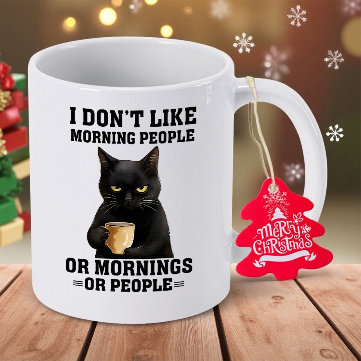 Tailorly White Ceramic 11 oz Mug - I Don't Like Morning People Or Mornings Or People Grumpy Black Cat Holding Small Coffee Cup Sitting Alone Cat