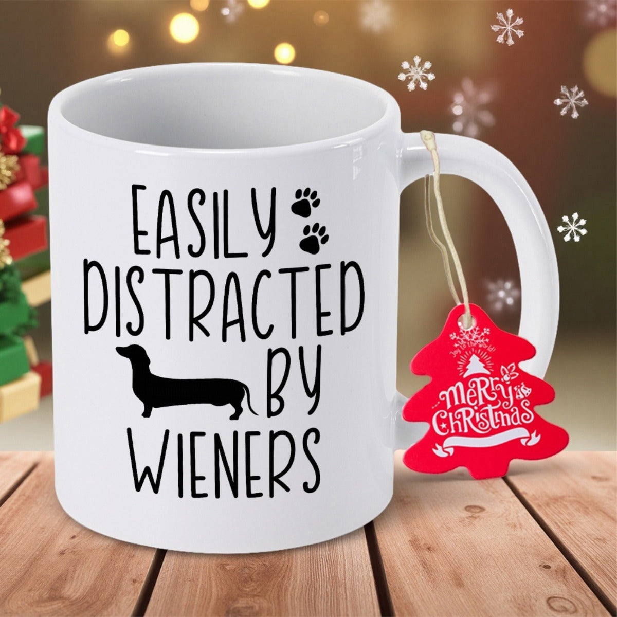 Tailorly White Ceramic 11 oz Mug - Easily Distracted By Wieners Minimalist Black Silhouette Of A Small Long Bodied Dachshund