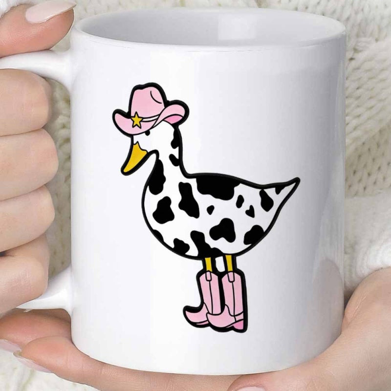 Tailorly White Ceramic 11 oz Mug - Whimsical Cow Print Patterned Animal Wearing Pink Cowboy Hat And Boots Duck