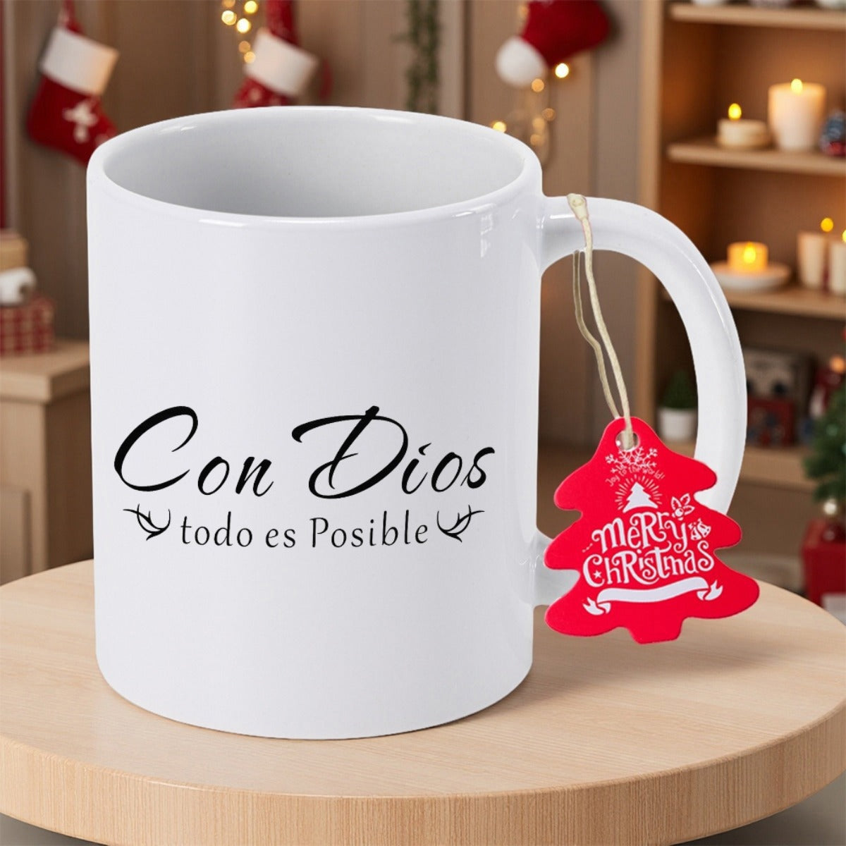 Tailorly White Ceramic 11 oz Mug - Merry Christmas Clean White Ceramic Cup With Decorative Script Resting On Round Wooden Table Mug