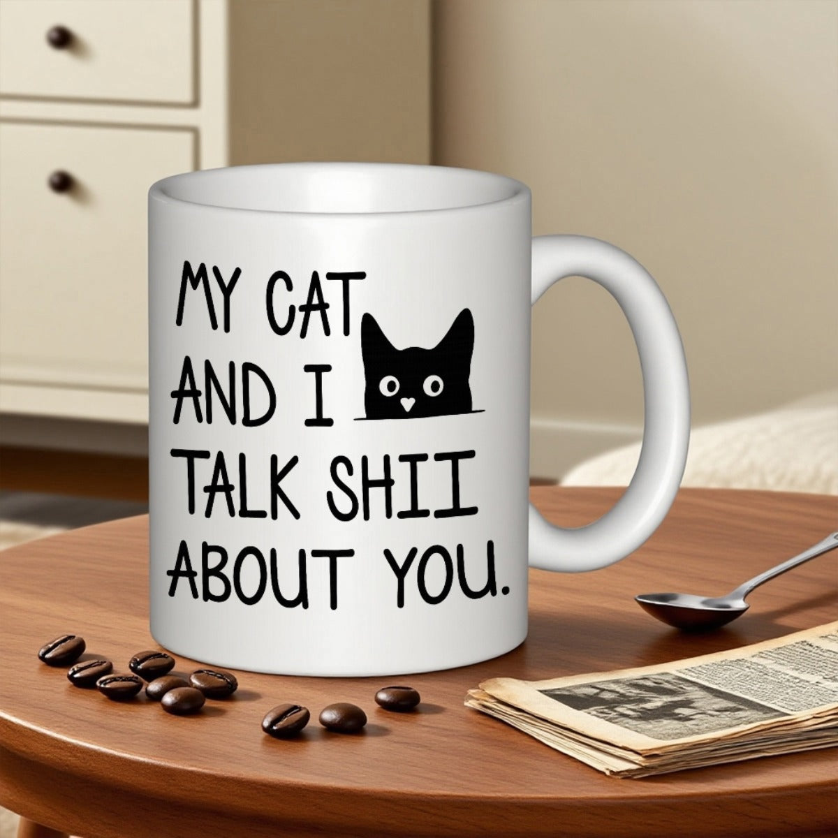 Tailorly White Ceramic 11 oz Mug - My Cat And I Talk Shii About You Sleek Minimalist Peeking Black Feline Silhouette Featuring Large Round Eyes Curious Cat