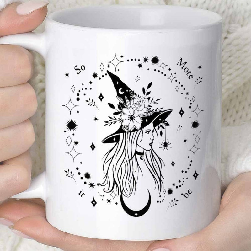 Tailorly White Ceramic 11 oz Mug - So Mote It Be Enchanting Long Haired Woman Wearing Decorative Floral Pointed Hat Under Stars Witch