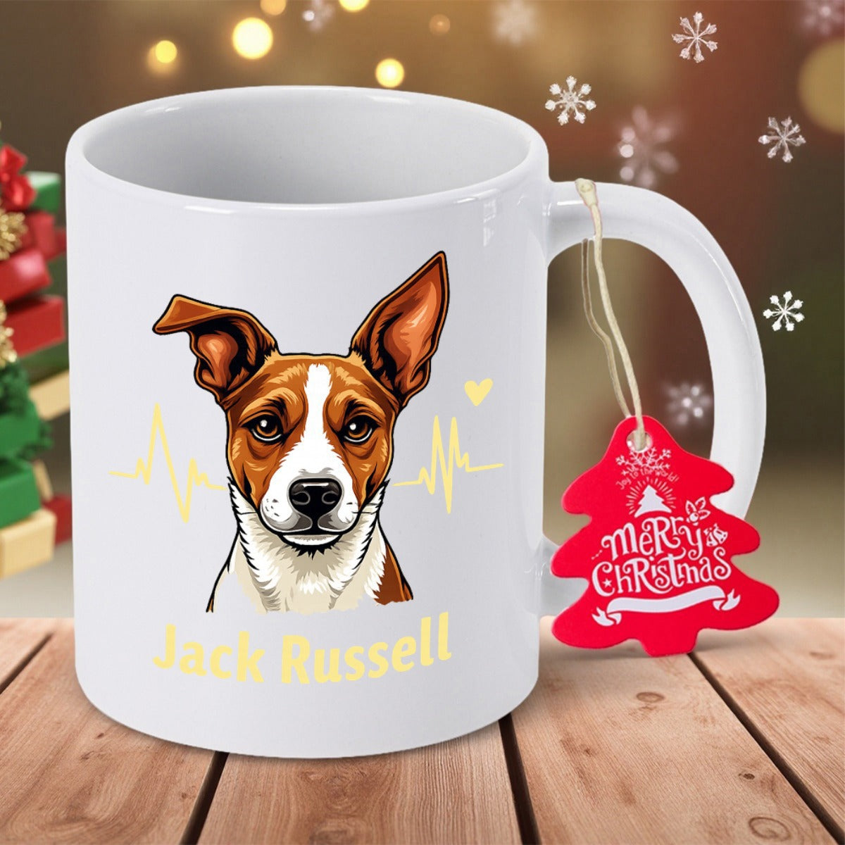 Tailorly White Ceramic 11 oz Mug - Jack Russell Merry Christmas Alert Jack Russell Terrier With Heartbeat Line And Tiny Yellow Heart Dog