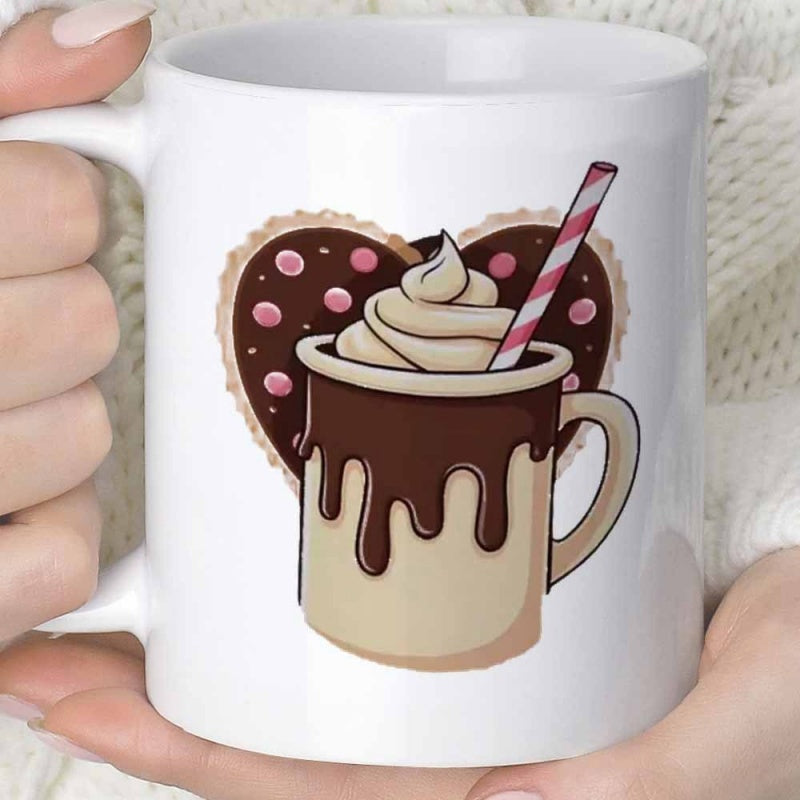 Tailorly White Ceramic 11 oz Mug - Sweet Creamy Cocoa With Pink Striped Straw And Dotted Heart Cookie Hot Chocolate