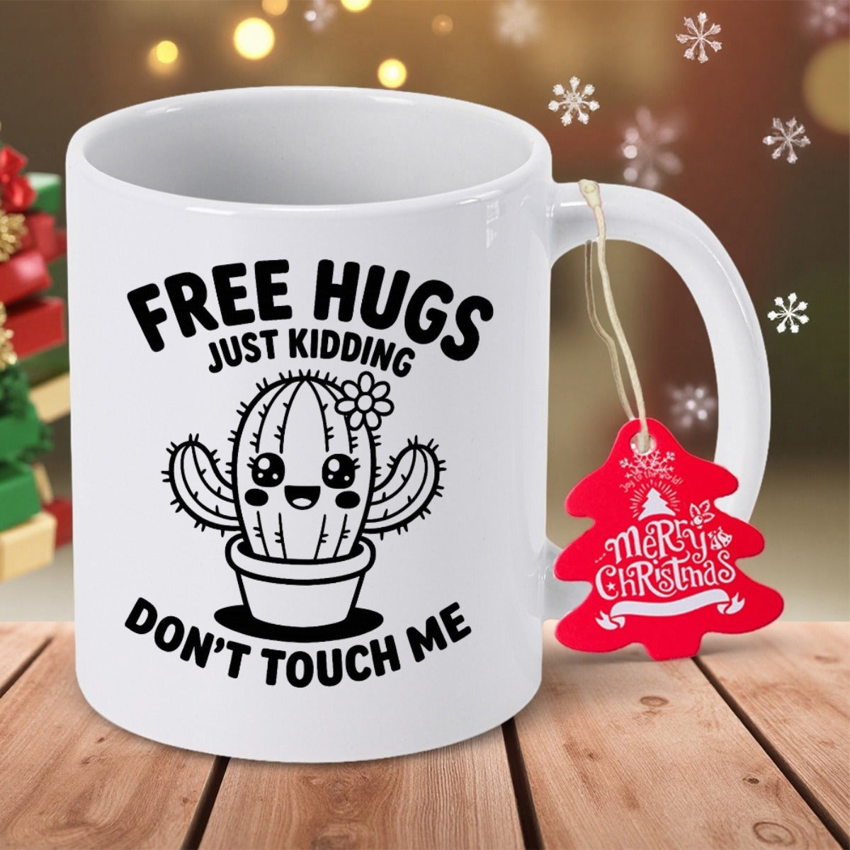 Tailorly White Ceramic 11 oz Mug - Free Hugs Just Kidding Don't Touch Me Cute Smiling Potted Plant Character With Tiny Flower Cactus