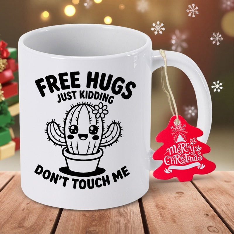 Tailorly White Ceramic 11 oz Mug - Free Hugs Just Kidding Don't Touch Me Cute Smiling Potted Plant Character With Tiny Flower Cactus