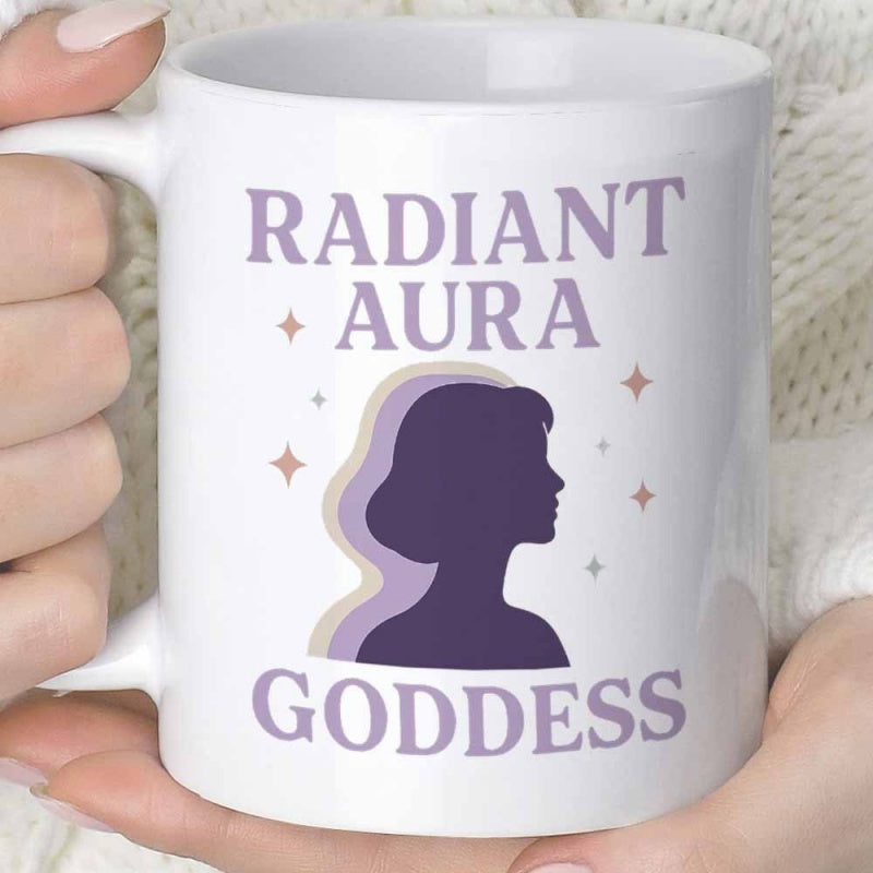 Tailorly White Ceramic 11 oz Mug - Radiant Aura Goddess Elegant Woman Profile Surrounded By Twinkling Stars And Artistic Color Shadows Silhouette