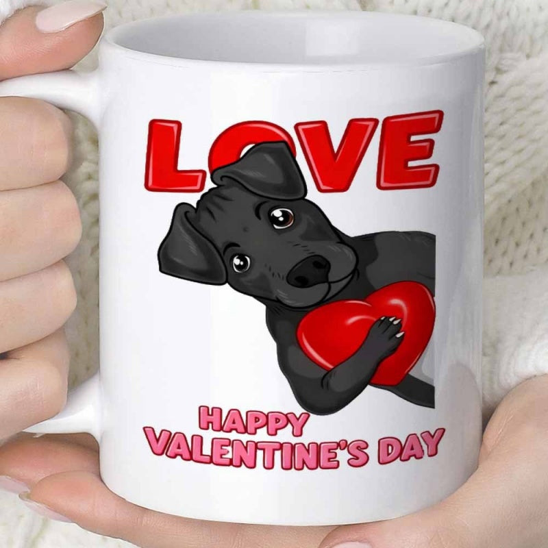 Tailorly White Ceramic 11 oz Mug - Love Happy Valentine's Day Cute Black Puppy Holding A Red Heart For Valentines Day Dog