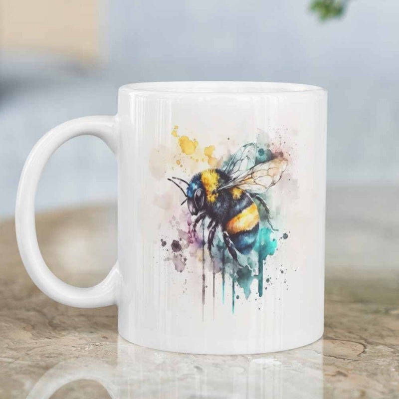 Tailorly White Ceramic 11 oz Mug - Watercolor Artistic Splashes Of Vibrant Colors Surrounding A Flying Bumblebee