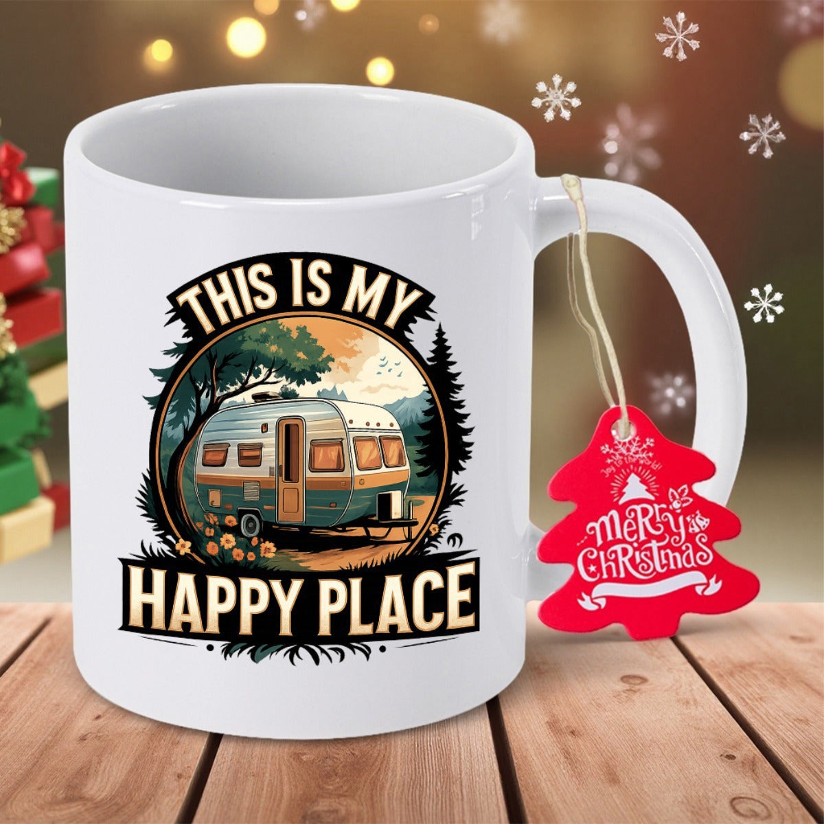 Tailorly White Ceramic 11 oz Mug - This Is My Happy Place Vintage Retro Style Caravan Parked Under Lush Trees At Sunset Camper