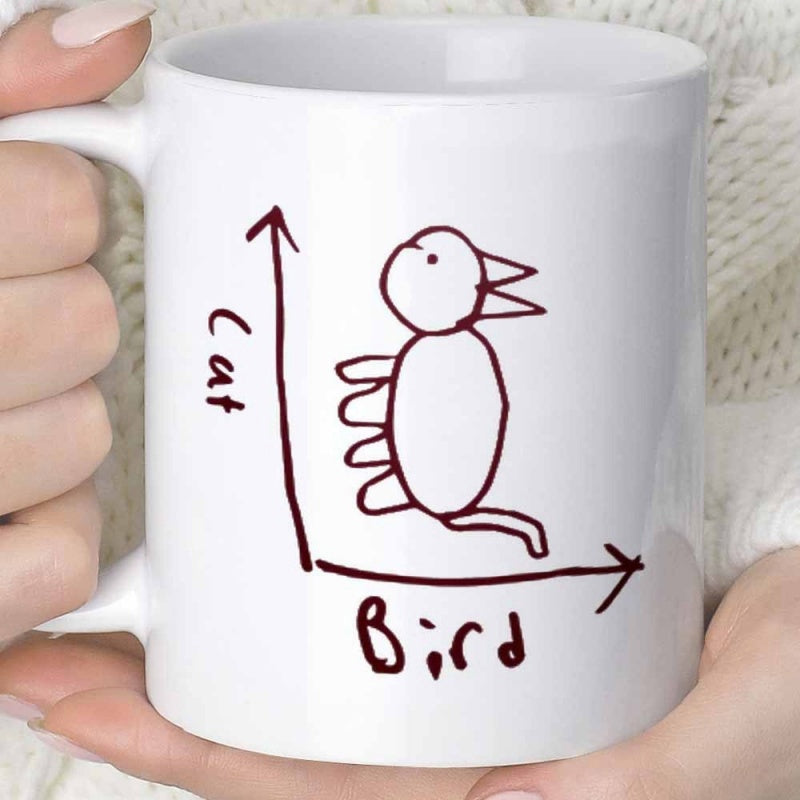 Tailorly White Ceramic 11 oz Mug - Cat Bird Simple Minimalist Hand Drawn Sketch On Mathematical Coordinate Chart Illustration