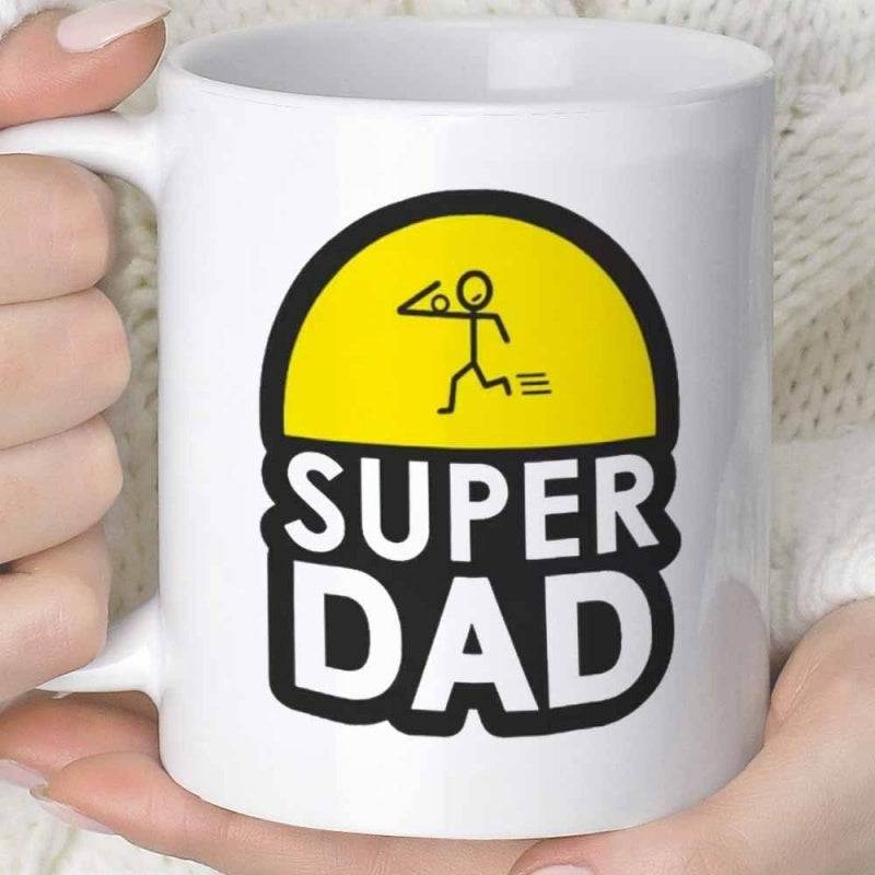 Tailorly White Ceramic 11 oz Mug - Super Dad Running Stick Figure Symbol Under Vibrant Yellow Semicircle Design Mug