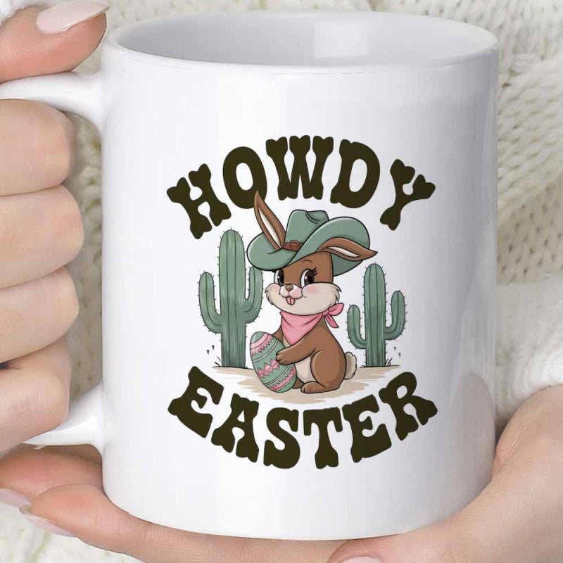 Tailorly White Ceramic 11 oz Mug - Howdy Easter Cute Brown Bunny Wearing Cowboy Hat Holding Decorated Egg Among Cacti Rabbit