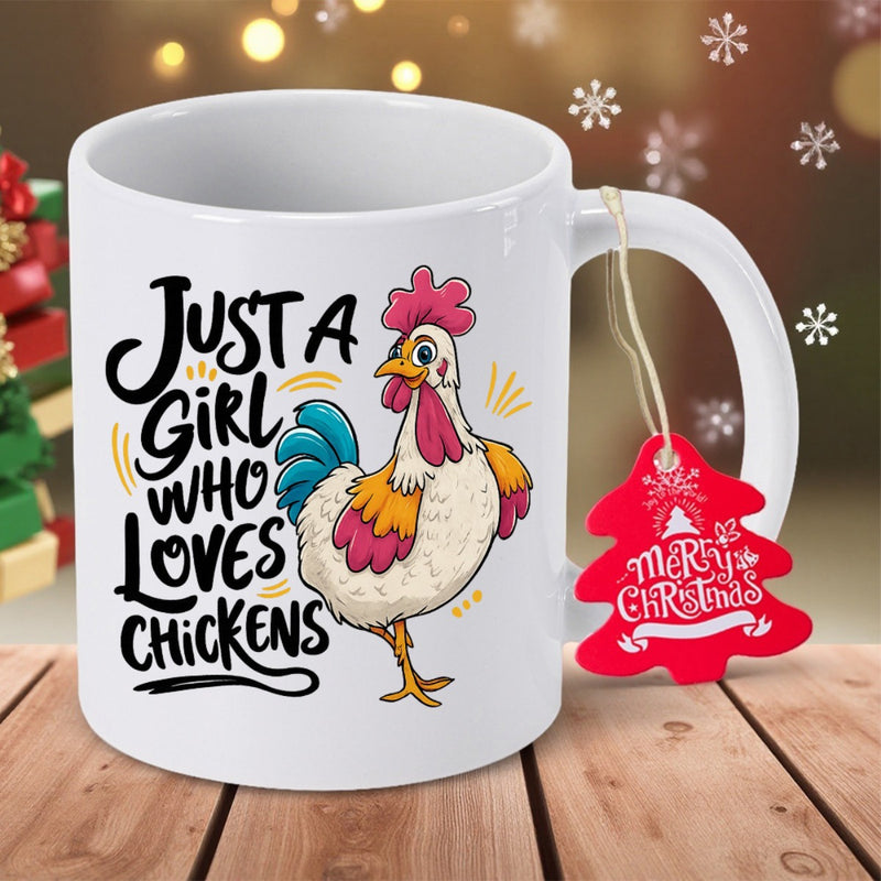 Tailorly White Ceramic 11 oz Mug - Just A Girl Who Loves Chickens Colorful Cartoon Rooster Standing Proudly On A White Background Chicken