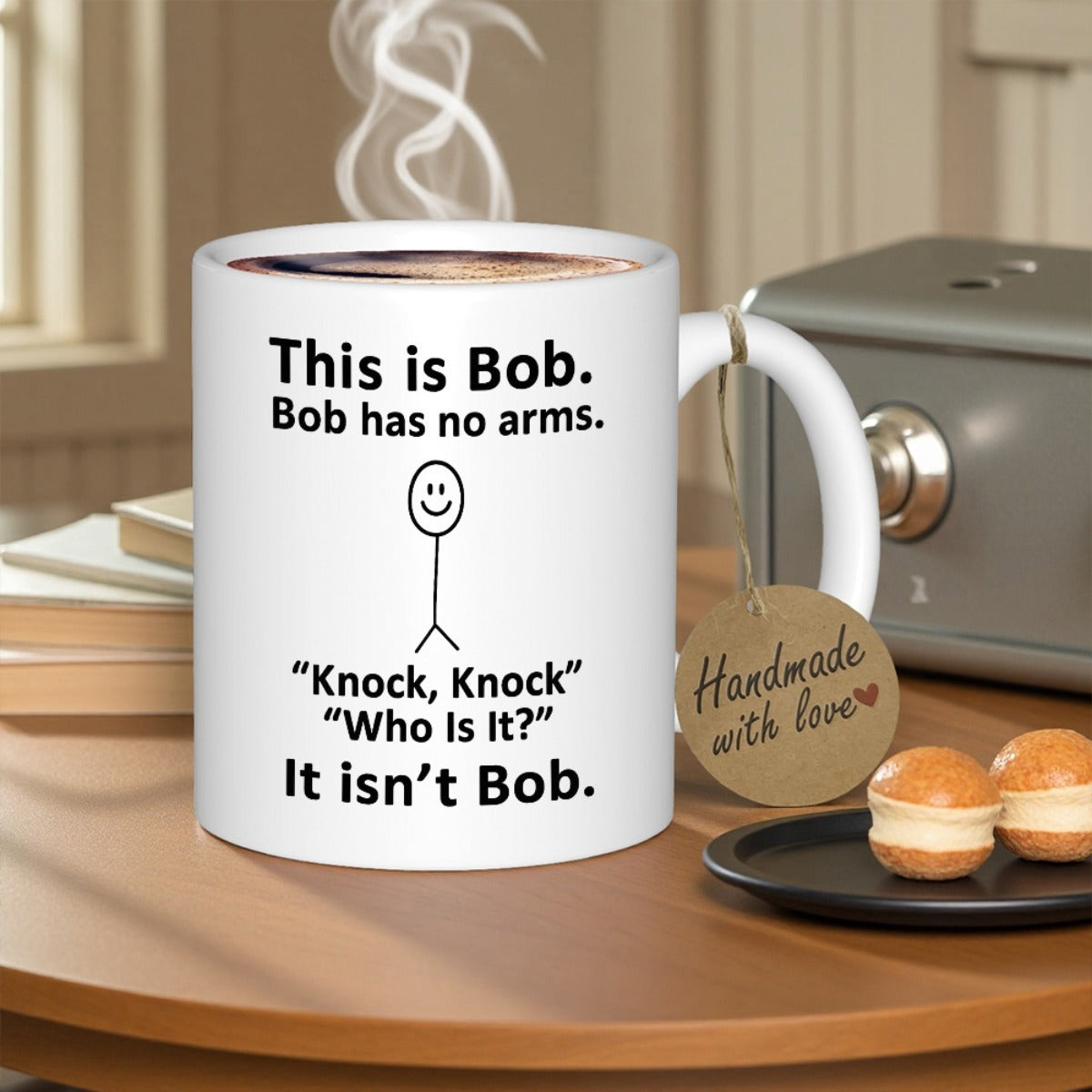 Tailorly White Ceramic 11 oz Mug - This Is Bob Bob Has No Arms Knock Knock Who Is It It Isnt Bob Simple Minimalist Black Line Drawing Of A Smiling Stickman