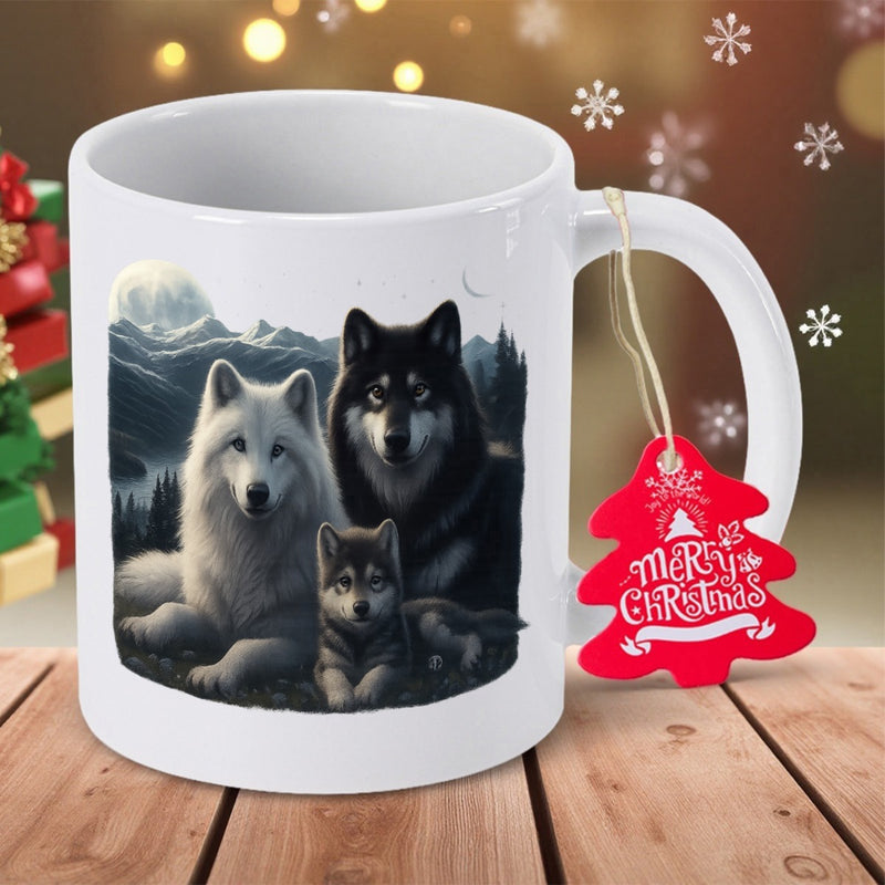 Tailorly White Ceramic 11 oz Mug - Merry Christmas Serene Animal Pack Nestled Within The Snow Capped Misty Wilderness Wolf