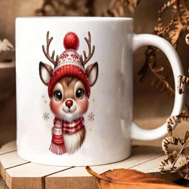 Tailorly White Ceramic 11 oz Mug - Adorable Baby Reindeer Wearing Festive Red Winter Hat And Warm Scarf Reindeer