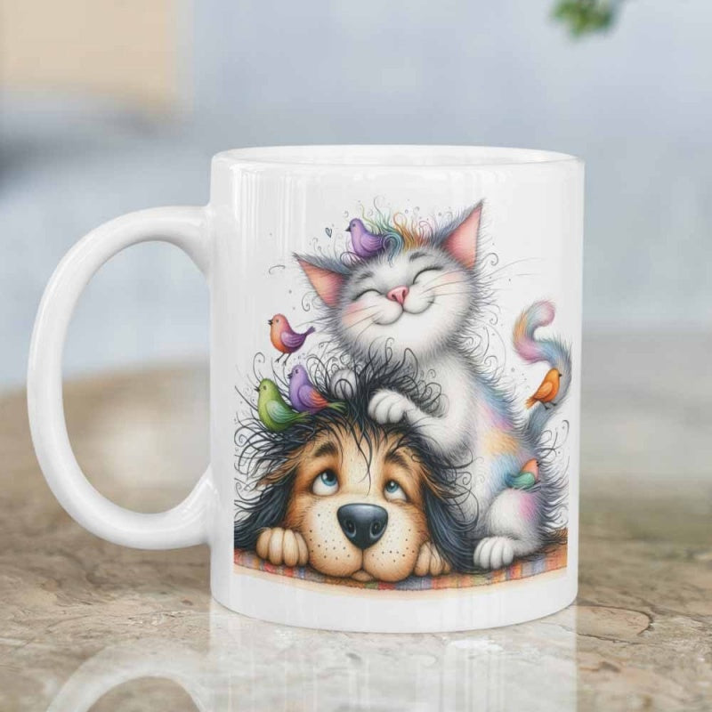 Tailorly White Ceramic 11 oz Mug - Whimsical Fluffy Brown Dog Surrounded By Small Colorful Birds And Cat