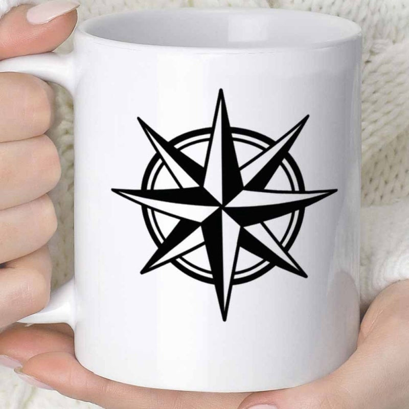 Tailorly White Ceramic 11 oz Mug - Symmetrical Geometric Black Nautical Wind Rose Star Navigation Symbol Compass