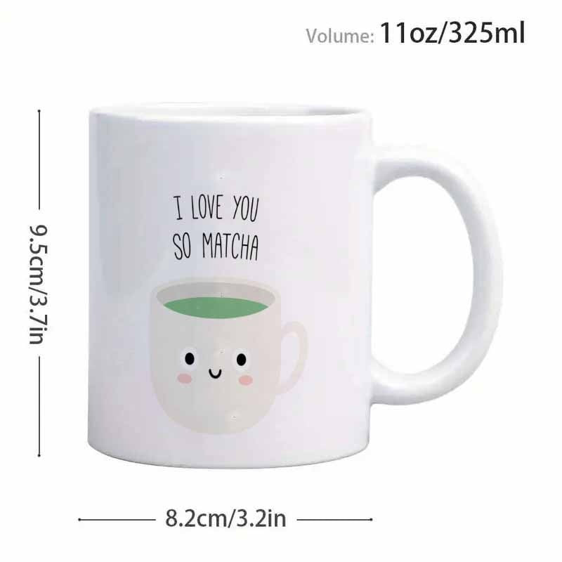 Tailorly White Ceramic 11 oz Mug - I Love You So Matcha Cute Smiling Ceramic Cup Containing Green Matcha Tea With Blushing Cheeks Mug