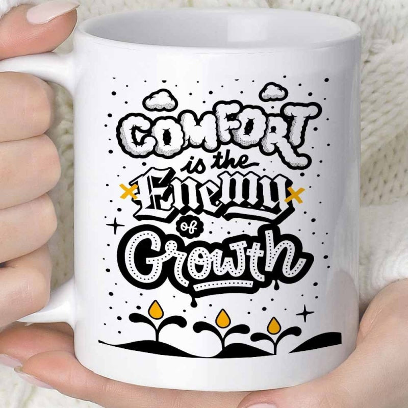 Tailorly White Ceramic 11 oz Mug - Comfort Is The Enemy Of Growth Artistic Lettering Surrounded By Puffy Clouds And Sprouting Golden Plants Typography