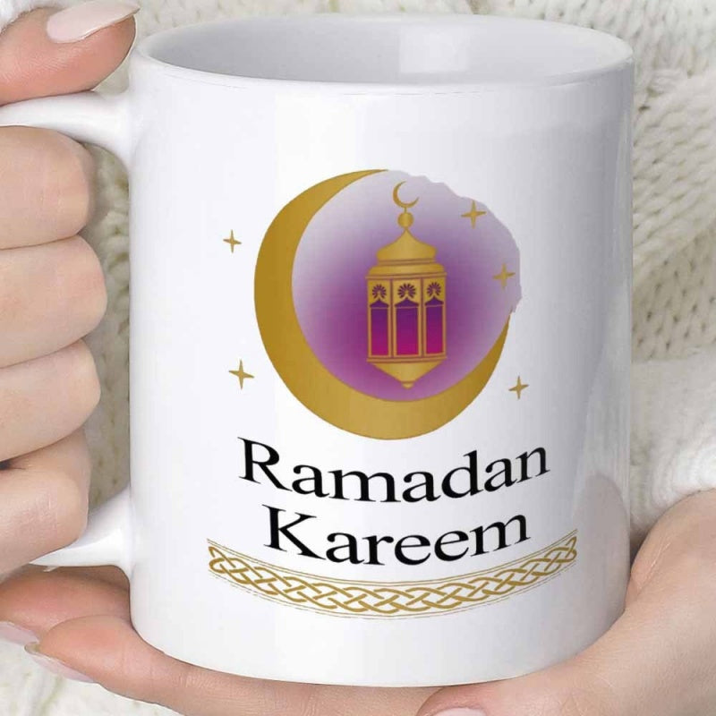 Tailorly White Ceramic 11 oz Mug - Ramadan Kareem Golden Crescent Moon With Purple Gradient Background And Shining Stars Decorative Lantern