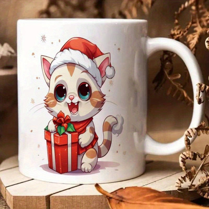 Tailorly White Ceramic 11 oz Mug - Adorable Festive Kitten Wearing Red Santa Hat Holding Christmas Gift Box Cat