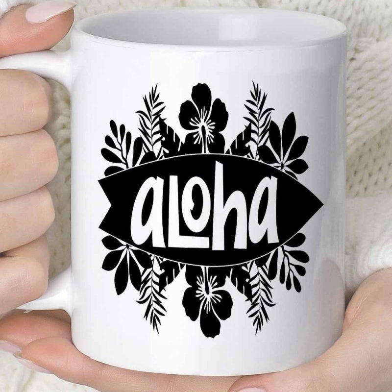 Tailorly White Ceramic 11 oz Mug - Aloha Tropical Hibiscus Flowers Surrounded By Lush Palm Leaves And Surfboard