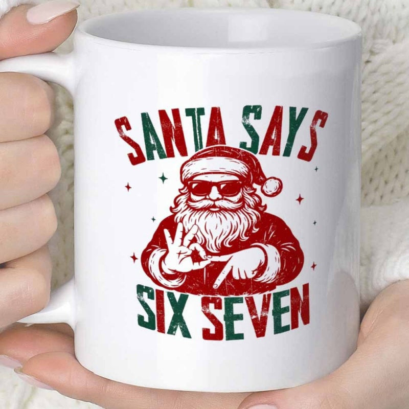 Tailorly White Ceramic 11 oz Mug - Santa Says Six Seven Jolly Santa Wearing Cool Sunglasses Surrounded By Small Decorative Stars Santa