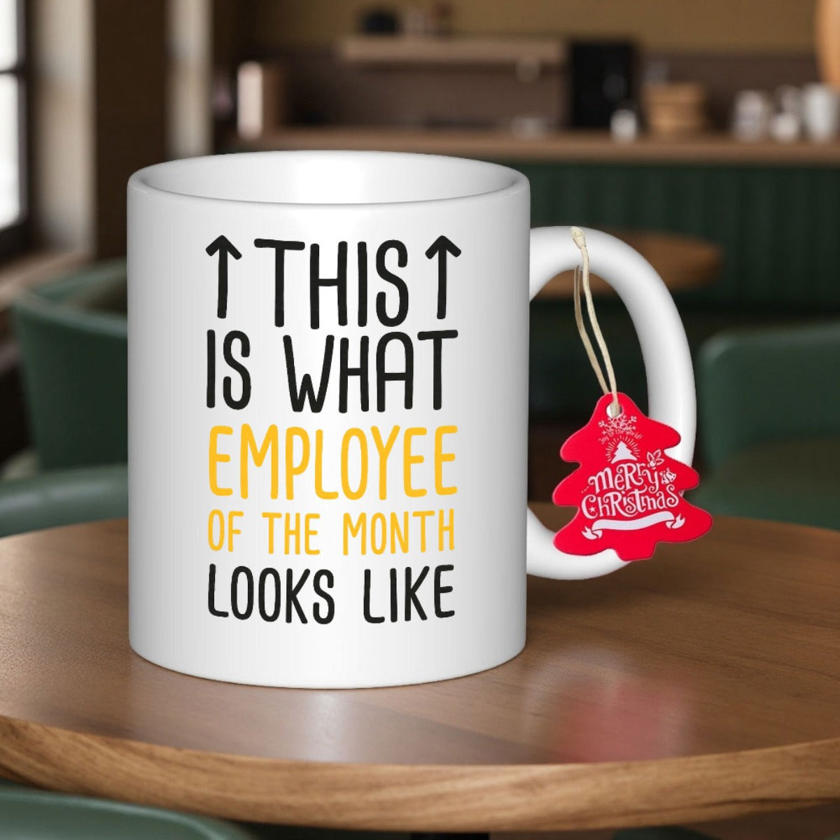 Tailorly White Ceramic 11 oz Mug - This Is What Employee Of The Month Looks Like Minimalist Typography Style Featuring Bold Black And Yellow Lettering With Upward