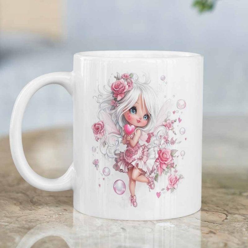 Tailorly White Ceramic 11 oz Mug - Enchanting Little Girl With White Hair And Pink Roses Fairy