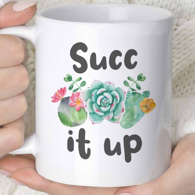 Tailorly White Ceramic 11 oz Mug - Succ It Up Green Succulents With Pink Flowers Blooming Among Lush Desert Cacti Succulent