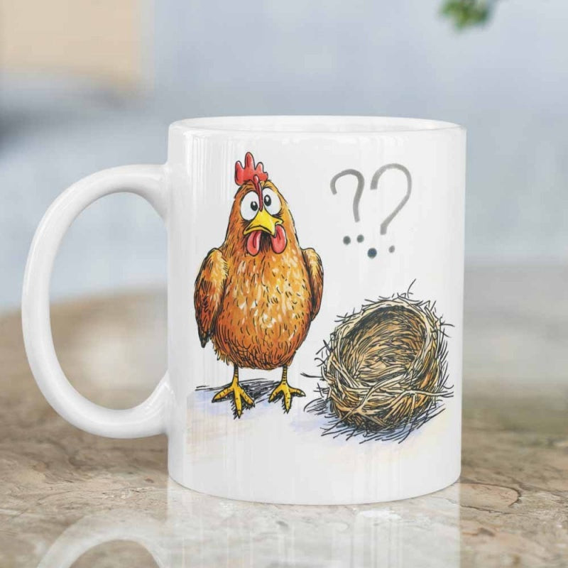 Tailorly White Ceramic 11 oz Mug - Whimsical Farmhouse Illustration Of A Confused Hen And Empty Nest Chicken