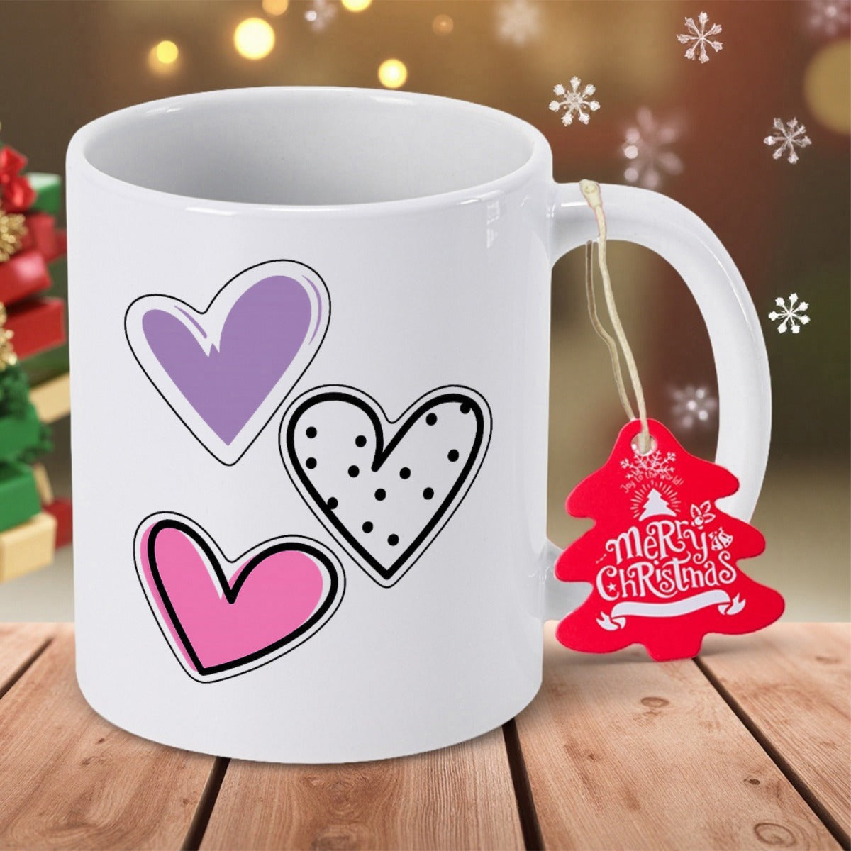 Tailorly White Ceramic 11 oz Mug - Merry Christmas Three Hand Drawn Hearts Floating Over A Clean White Surface Heart