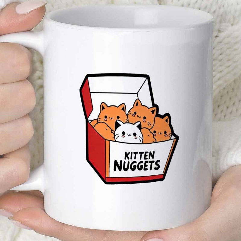 Tailorly White Ceramic 11 oz Mug - Kitten Nuggets Adorable Small Cartoon Animals Inside A Vibrant Red Fast Food Box Kitten