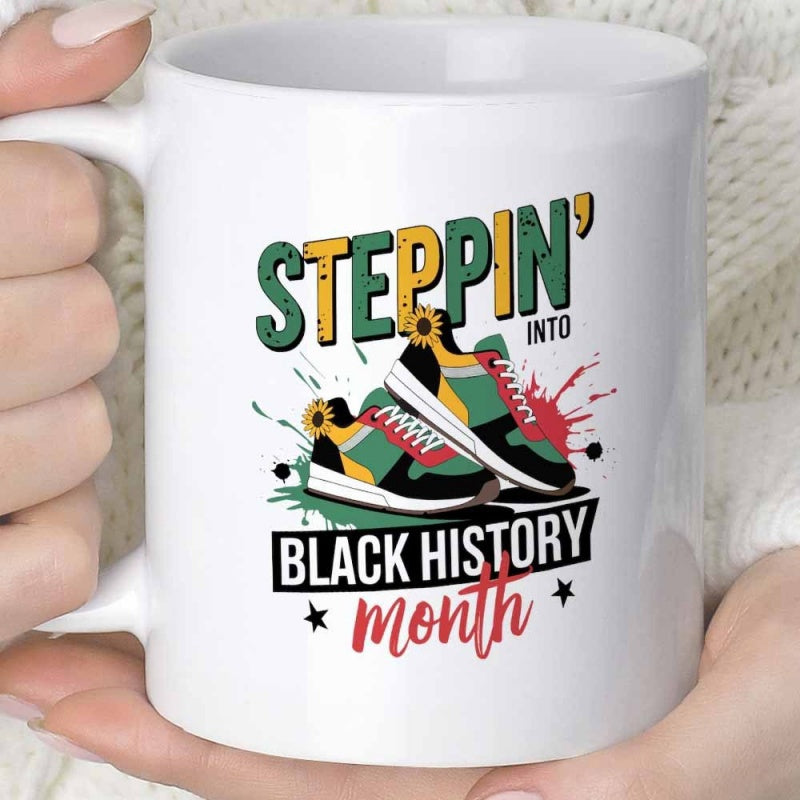Tailorly White Ceramic 11 oz Mug - Steppin Into Black History Month Vibrant Athletic Shoes With Colorful Paint Splashes In Symbolic Tones Sneakers