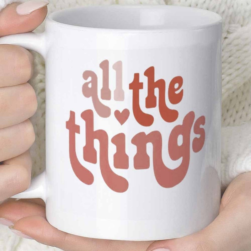 Tailorly White Ceramic 11 oz Mug - All The Things Warm Toned Retro Wavy Typography With A Small Heart Mug