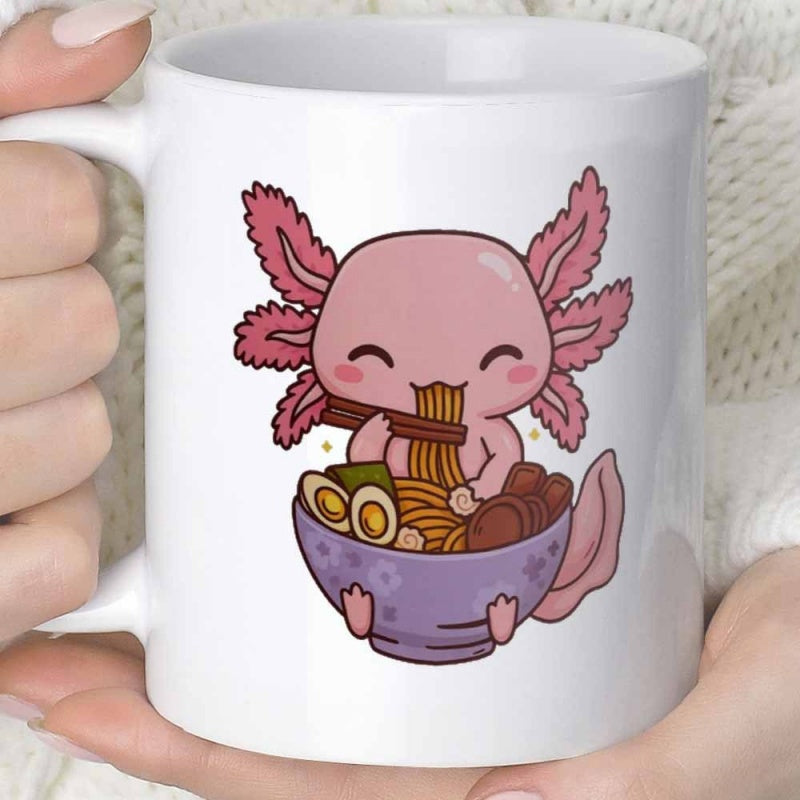 Tailorly White Ceramic 11 oz Mug - Cute Pink Cartoon Creature Eating Traditional Japanese Ramen Bowl Axolotl