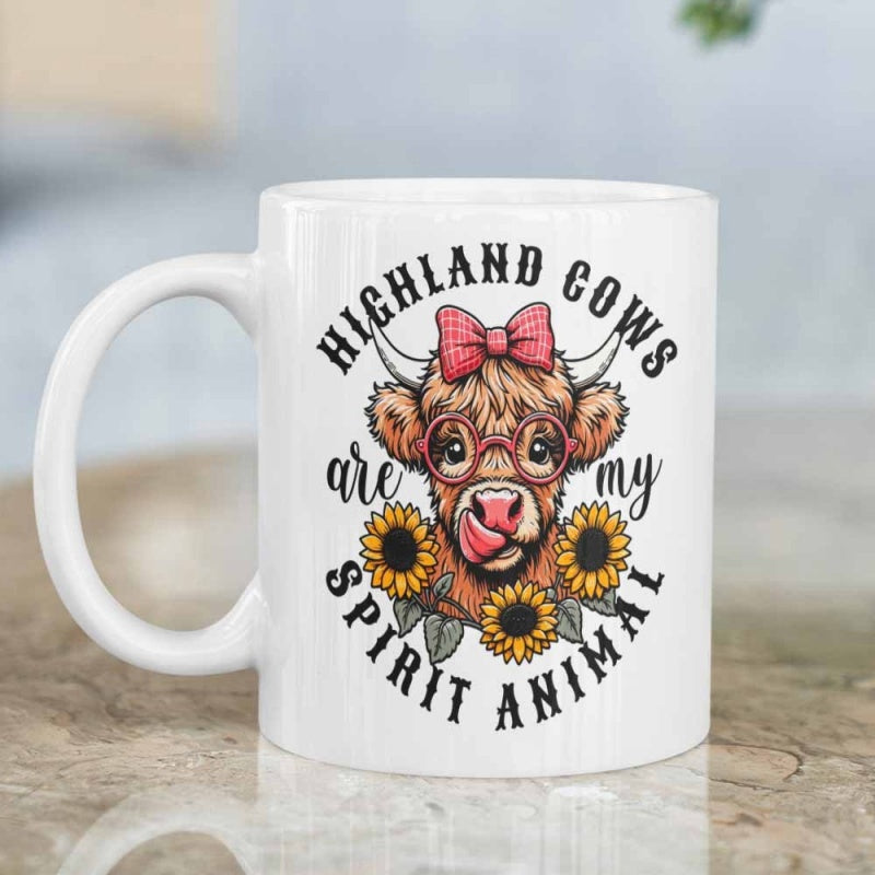 Tailorly White Ceramic 11 oz Mug - Highland Cows Are My Spirit Animal Adorable Fluffy Bovine Wearing Glasses And A Pink Bow Amidst Sunflowers Cow