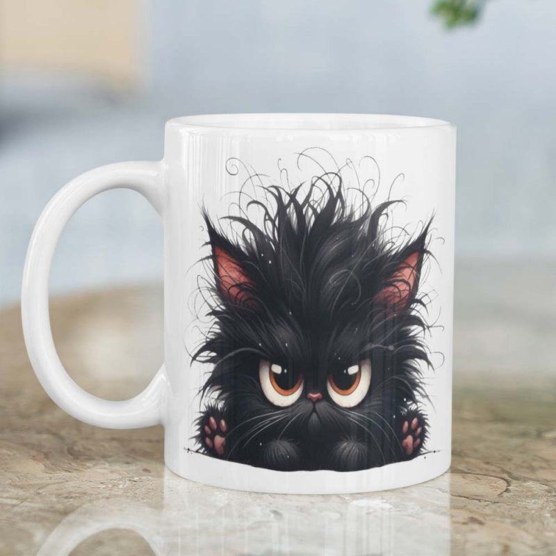 Tailorly White Ceramic 11 oz Mug - Grumpy Black Kitten With Messy Fur And Adorable Wild Hair Cat