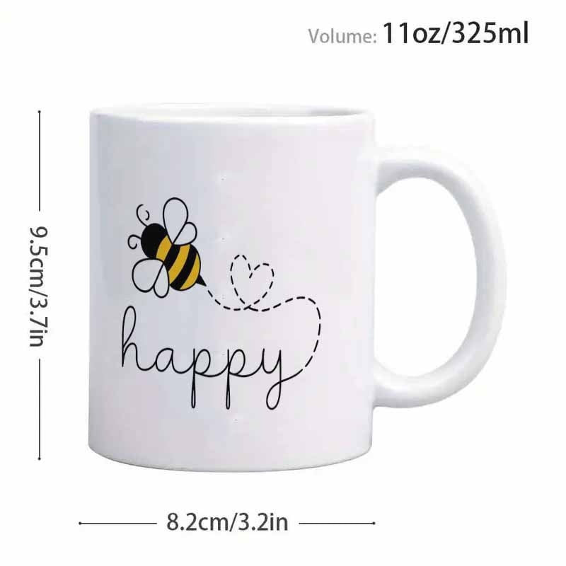 Tailorly White Ceramic 11 oz Mug - Happy Flying Cartoon Bumblebee Leaving A Heart Shaped Dotted Flight Trail Bee