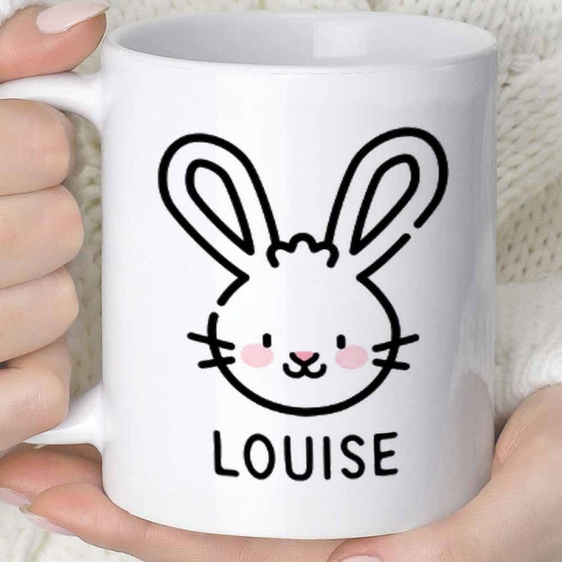 Tailorly White Ceramic 11 oz Mug - Louise Adorable Minimalist Cartoon Bunny Head With Long Ears And Pink Cheeks Rabbit