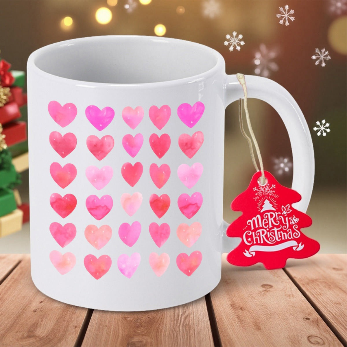 Tailorly White Ceramic 11 oz Mug - Merry Christmas Vibrant Pink And Red Watercolor Hearts Pattern Arranged In Grid Heart