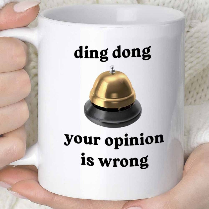 Tailorly White Ceramic 11 oz Mug - Ding Dong Your Opinion Is Wrong Metallic Golden Desk Service Bell Resting On Dark Circular Base Bell
