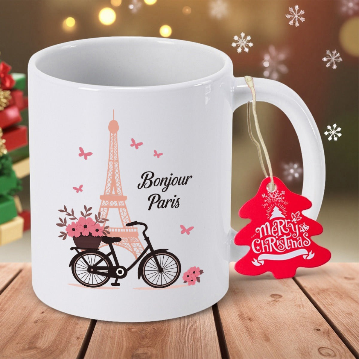 Tailorly White Ceramic 11 oz Mug - Merry Christmas Paris Romantic Scene With Vintage Bicycle And Butterflies Under Famous Landmark Tower