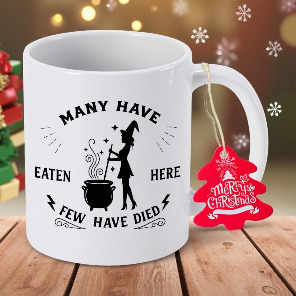 Tailorly White Ceramic 11 oz Mug - Many Have Eaten Here Few Have Died Mystical Silhouette Stirring Bubbling Magic Pot Among Rising Swirling Smoke Witch